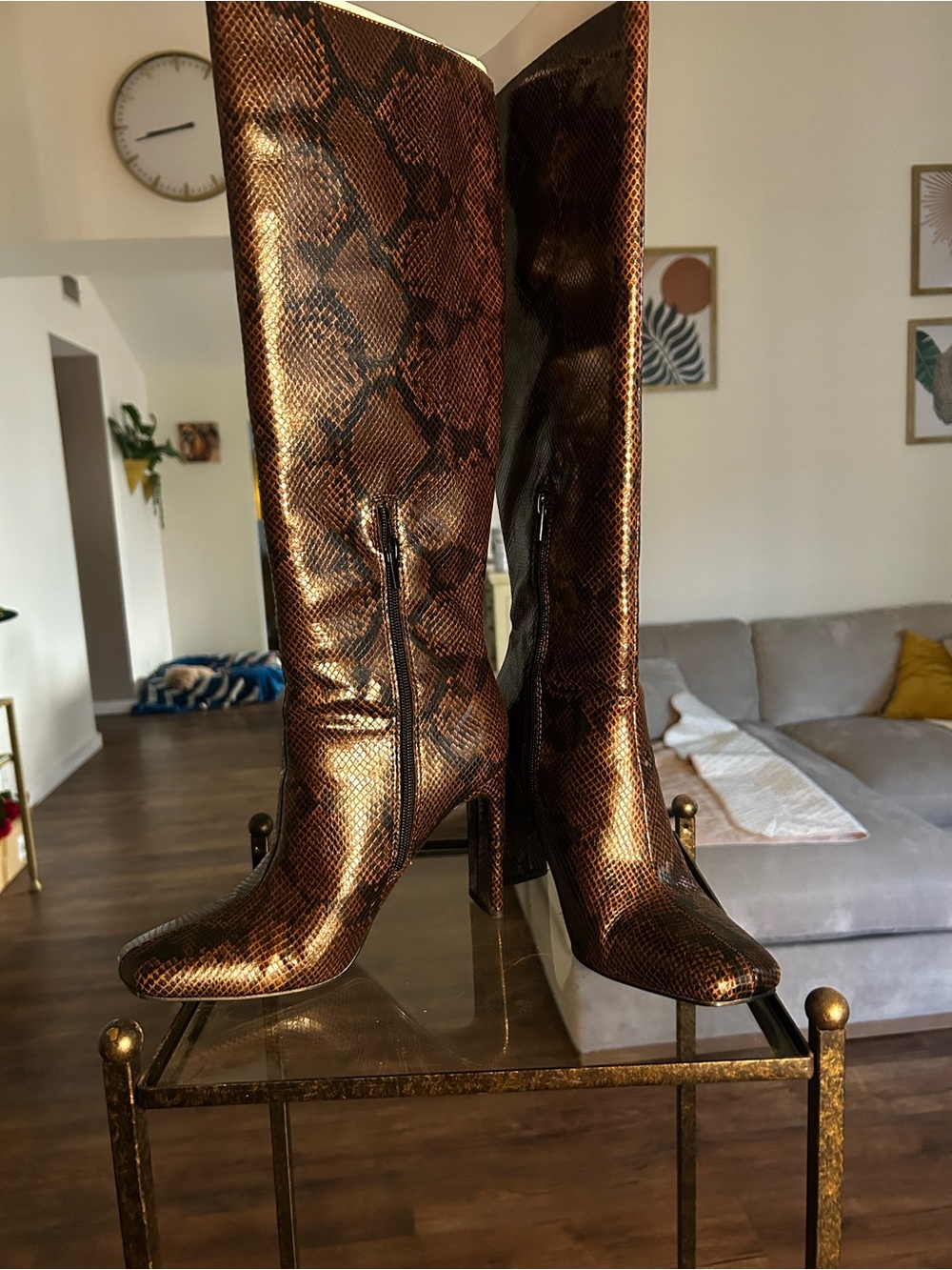 Zara Metallic Brown Snake-Print Over-the-Knee Boots